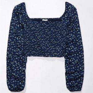 American Eagle Smocked Satin Long-Sleeve Shirt